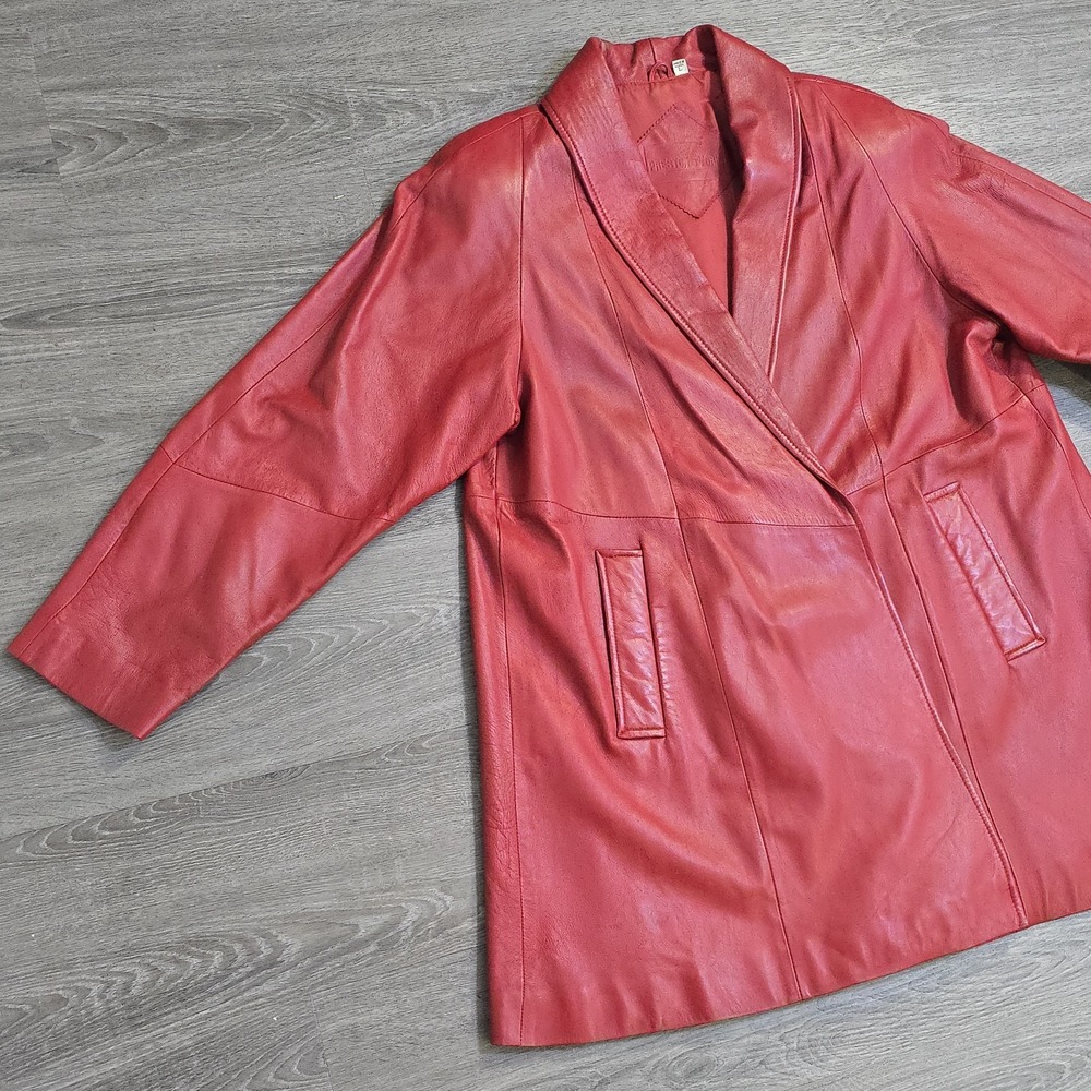 VTG Preston And York Red Lambskin Leather Coat Open Front Mid Length Women's L - Picture 6 of 16